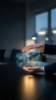 Business hands protecting glowing digital network sphere with connected nodes in modern office environment for technology and data security concepts.