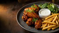 Crispy glazed chicken wings with golden french fries and fresh salad on dark plate. Restaurant meal with dipping sauce for food delivery menu.
