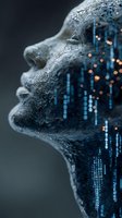 Digital human head profile with binary code streams and glowing data particles representing artificial intelligence and machine learning technology concepts.