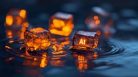 Glowing orange AI text on translucent ice cubes floating in rippling dark water with dramatic lighting and reflections creates futuristic technological mood.