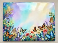 Colorful butterflies and wildflowers border frame on pastel watercolor background for spring garden design projects and nature-themed decorations.