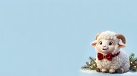 Cute fluffy sheep character wearing red bow tie with evergreen branches on light blue background, isolated for greeting cards and holiday designs.