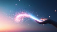 Magical glowing sparkles and light trail floating above silhouetted hand against dreamy sunset sky background, creating ethereal atmosphere with bokeh effects.