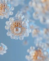 Microscopic view of virus cell structure in blue and orange tones, showing detailed spherical shape with protein spikes on surface for medical and scientific visualization.