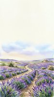 Lavender field landscape with rolling hills, winding dirt path, and rustic farmhouse in distance under soft sky, suitable for travel, agriculture, and nature-themed designs.