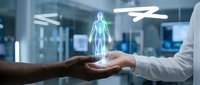 Holographic human body projection floating above hands in modern medical facility showcasing futuristic healthcare technology and digital anatomy visualization.