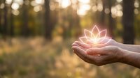 Hands holding glowing lotus flower in forest setting, symbolizing wellness, spirituality, and mindfulness for meditation and healing concepts.