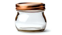 Empty glass jar with copper metallic screw lid isolated on white background, ready for preserves, storage or craft projects. Clean transparent container for canning.