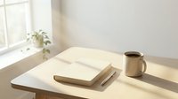 Minimalist workspace with open notebook, pen, and coffee mug on wooden desk near bright window, ideal for business, productivity, and creative projects.