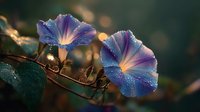 Purple morning glory flowers with water droplets illuminated by golden sunrise light, creating a dreamy garden atmosphere for nature photography.