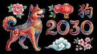 Colorful Chinese zodiac dog clipart set with 2030 numerals, lantern, flowers, and cloud, isolated on transparent background, for T-shirts, stickers, print on demand.
