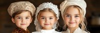 Three adorable young girls wearing vintage-style bonnets and period costumes, smiling warmly in historical dress for educational or theatrical purposes.