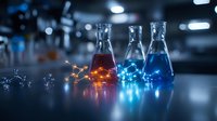 Laboratory glassware with glowing orange and blue liquids on dark background, molecular structures illuminated with dramatic lighting effects.