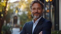 Confident mature businessman with gray beard wearing suit smiles warmly at camera. Professional portrait with natural bokeh background shows success and leadership.
