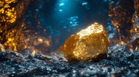 Golden mineral ore nugget glowing in underground cave with blue water pool. Mining industry concept for geology education and natural resource exploration.