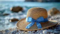 Straw sun hat with blue ribbon bow resting on pebble beach by ocean water. Summer vacation accessory for seaside holidays and coastal relaxation getaways.