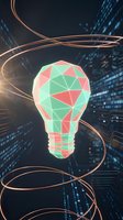 Geometric lightbulb with polygonal pattern surrounded by glowing data streams and binary code representing innovation and digital transformation.