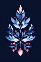 Symmetrical floral arrangement with blue leaves and red berries on navy background. Decorative botanical composition features pink accents and ornamental style.