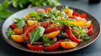 Fresh colorful heirloom tomato salad with basil leaves and herbs on rustic ceramic plate, vibrant summer appetizer garnished with olive oil and spices.