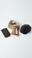 Stylish winter accessories collection with knitted scarf, leather gloves and wool beret hat arranged on neutral background for seasonal fashion.
