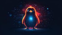Glowing neon penguin with orange and blue digital effects on dark background, suitable for tech, gaming, and futuristic design projects.