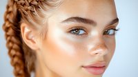 Young woman with natural makeup, freckles, and braided hairstyle on light blue background. Fresh glowing skin and bright blue eyes showcase modern beauty trends.