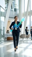 Professional businesswoman holding glowing blue growth arrow in modern office lobby representing success, leadership and financial progress in corporate environment.