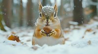 Adorable gray squirrel sitting in snow with paws together, surrounded by fallen autumn leaves in winter forest setting for wildlife and nature content.