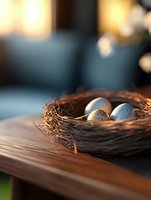 Speckled blue eggs nestled in brown twigs nest on wooden surface with soft warm bokeh background, creating serene spring nature composition.