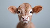 Adorable brown Jersey calf with big blue eyes and pink nose looking directly at camera against light gray background, close-up portrait showing expressive face.