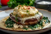 Stuffed portobello mushroom topped with melted cheese and cream sauce, served on bed of sauteed spinach, garnished with fresh herbs and spices on ceramic plate.