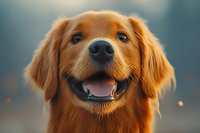 Happy golden retriever dog with bright blue eyes and friendly smile against blurred background with bokeh lights, close-up portrait capturing joyful expression.