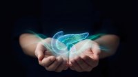 Holographic pancreas organ floating above cupped hands on dark background for medical education and healthcare technology concepts.