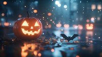 Glowing carved pumpkin and black paper bat on dark background with magical bokeh lights creating spooky Halloween atmosphere at night.