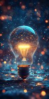 Glowing lightbulb with network connections and illuminated filament against dark background with bokeh lights and sparkles, symbolizing innovation and creativity.