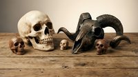 Collection of skulls and ram horns arranged on rustic wooden surface for gothic decor, occult studies, anatomy education, or Halloween themed designs.