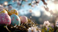 Decorated Easter eggs in pastel colors nestled in natural nest with spring cherry blossoms and soft bokeh background, creating festive holiday atmosphere.