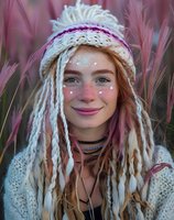 Young woman with freckles and white face paint dots wearing knitted winter hat and dreadlocks smiling against pink reed background, expressing joy and bohemian style.