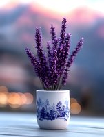 Purple lavender sprigs in traditional blue and white porcelain vase against soft sunset bokeh background, creating serene atmosphere on wooden surface.