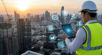 Construction engineer using digital technology tablet analyzing smart city development with IoT connectivity icons at urban building site during sunset.
