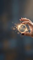Hand holding glowing golden badge with 99.9% uptime guarantee text and checkmark symbol against blurred bokeh background for business reliability concepts.