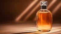 Elegant amber perfume bottle with golden liquid on warm wooden surface with dramatic sunlight shadows creating luxury fragrance product photography.