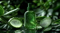 Green glass cosmetic bottle with aloe vera gel surrounded by fresh cut succulent leaves on dark background with water drops, natural skincare concept.