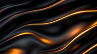 Glowing orange and golden light waves flow across dark black silky smooth background creating dynamic abstract pattern with luminous energy effect.