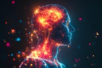 Glowing human silhouette with illuminated brain and neural connections against dark background, representing consciousness and artificial intelligence concept.