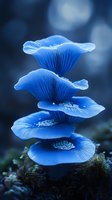 Luminescent blue mushrooms growing in spiral formation against dark background, with delicate gills and ethereal glow. Magical forest atmosphere with bokeh effect.