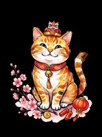 Cute lucky cat in Chinese New Year outfit with lantern, cherry blossoms, and gold coin, isolated on transparent background, ready for stickers, clipart, and t-shirt design.