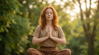 Young redhead woman meditating in lotus pose outdoors during golden hour sunset, practicing mindfulness and yoga in peaceful forest setting for wellness.