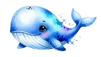 Adorable watercolor blue whale with purple accents swimming with bubbles on white background isolated for marine themed designs and children's projects.