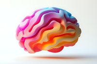 Colorful gradient brain with flowing waves in pink, purple, orange and blue tones on white background for mental health, creativity and neuroscience concepts.